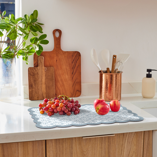 Watershed affordable quick-dry dish mat in use, highlighting its ultra-absorbent and antibacterial features. Perfect for drying dishes, glasses, and utensils on a stylish, easy-to-clean kitchen mat that enhances countertop organization.