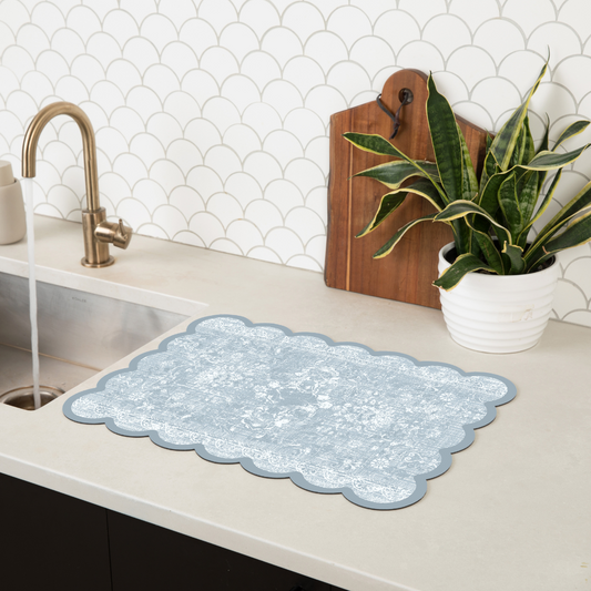 Watershed affordable quick-dry dish mat in use, highlighting its ultra-absorbent and antibacterial features. Perfect for drying dishes, glasses, and utensils on a stylish, easy-to-clean kitchen mat that enhances countertop organization.