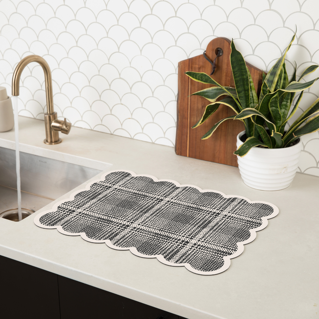 Watershed affordable quick-dry dish mat in use, highlighting its ultra-absorbent and antibacterial features. Perfect for drying dishes, glasses, and utensils on a stylish, easy-to-clean kitchen mat that enhances countertop organization.